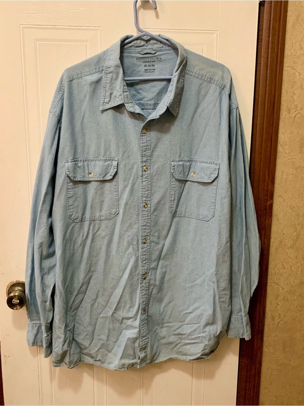 Faded Glory Men's 3XL Light Wash Denim Chambray Shirt Long Sleeve 100% Cotton